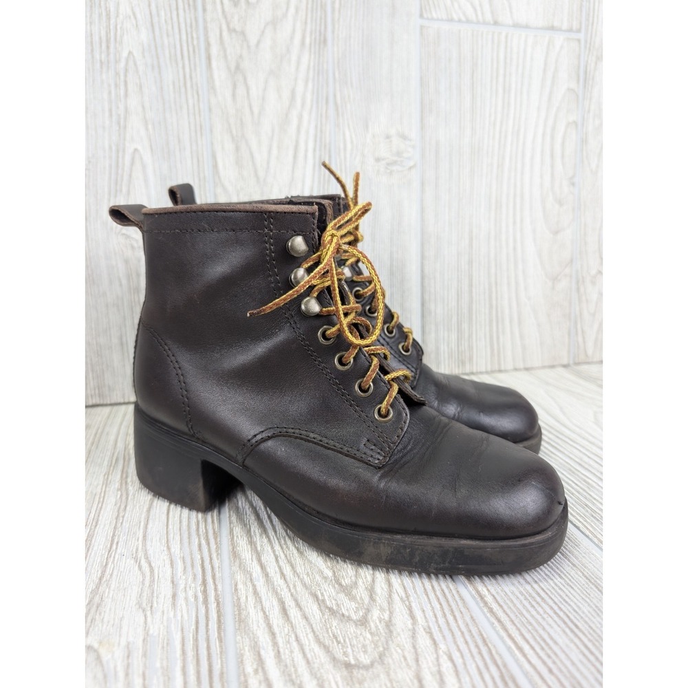 Vintage Y2K Chunky Heel‎ Leather Boots Women 6.5 Arizona Grunge Brown 90s Combat